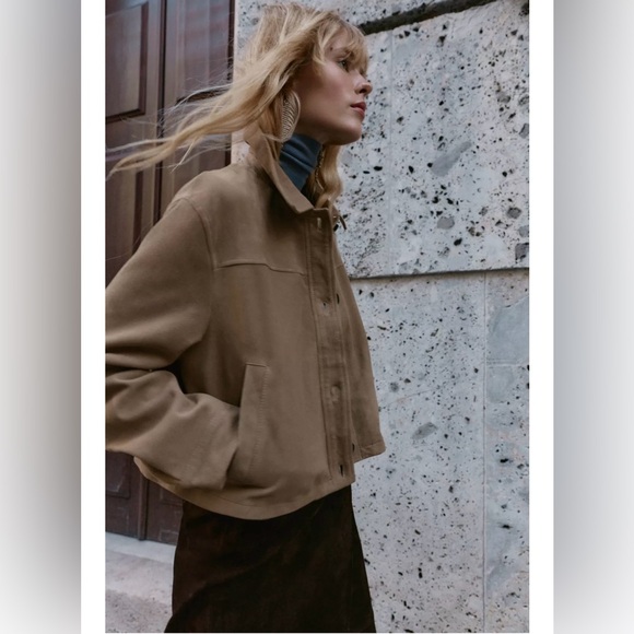 Zara New 100% Leather Suede Collar Jacket Beige NWT - Picture 4 of 14